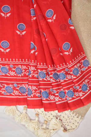 Block Printed Mul Cotton Saree,  Red,  SR1043