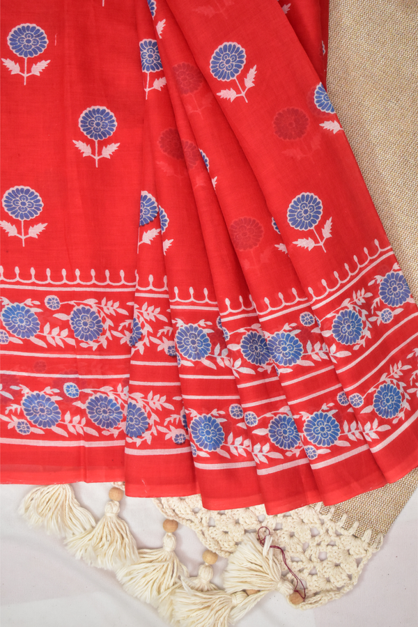 Block Printed Mul Cotton Saree,  Red,  SR1043