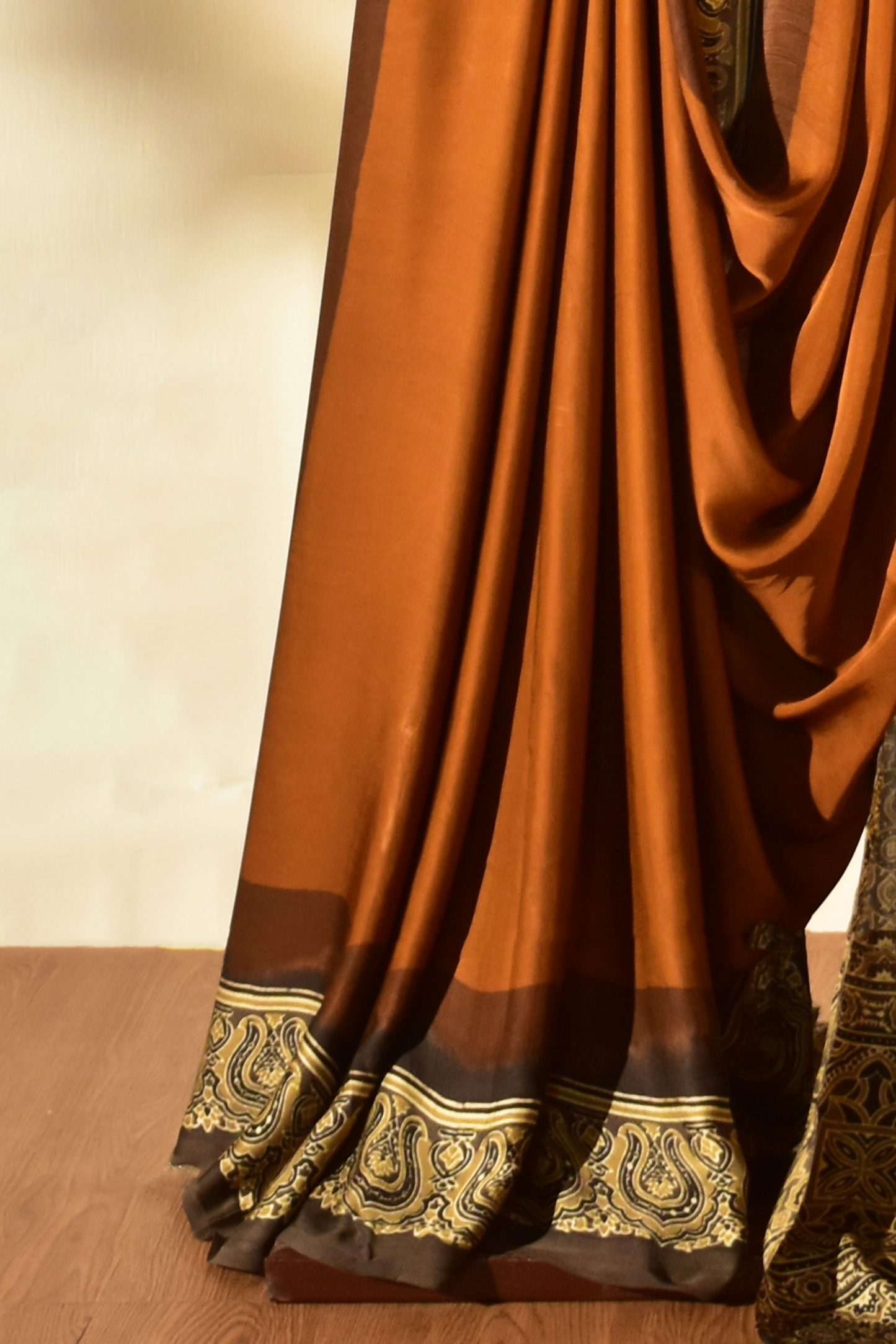 Dusky Grey & Mustard Modal Silk Saree with Plain body, Ajrakh border Pallu & Blouse Piece, SS1018