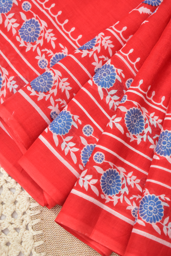 Block Printed Mul Cotton Saree,  Red,  SR1043