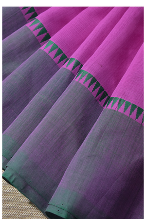 Pure Handloom Mangalgiri Cotton Saree with Threadwork Temple Border & Tassles,  Pink with Green,  SR1039