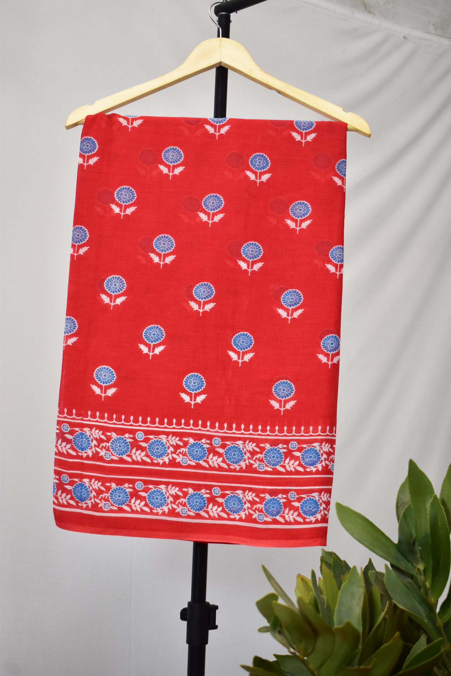 Block Printed Mul Cotton Saree,  Red,  SR1043