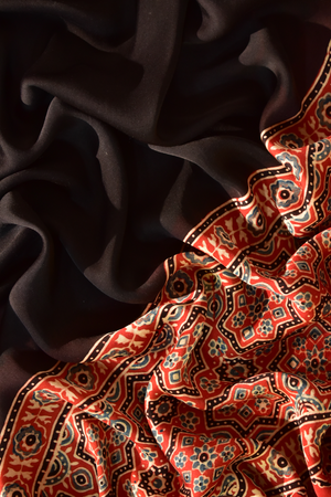 Somber Black & Ruby Red Modal Silk Saree with Plain body, Ajrakh border Pallu & Blouse Piece, SS1020