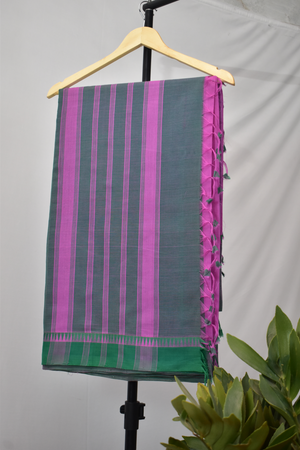 Pure Handloom Mangalgiri Cotton Saree with Threadwork Temple Border & Tassles,  Pink with Green,  SR1039