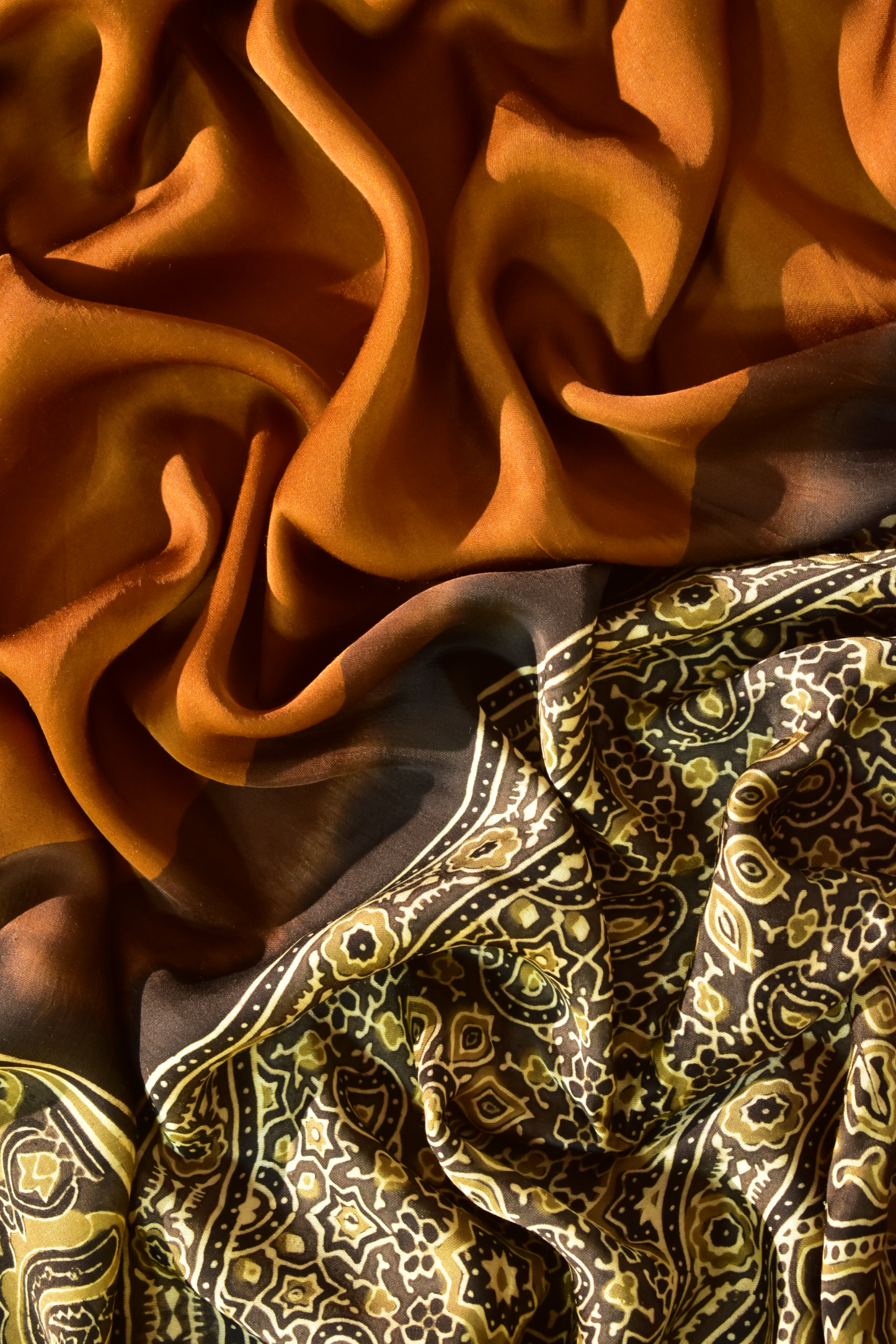 Dusky Grey & Mustard Modal Silk Saree with Plain body, Ajrakh border Pallu & Blouse Piece, SS1018