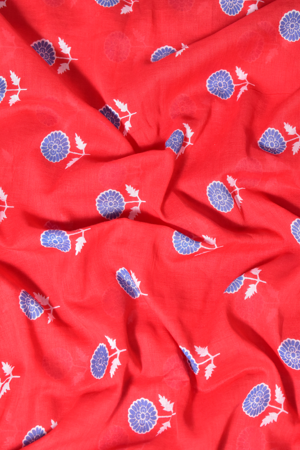 Block Printed Mul Cotton Saree,  Red,  SR1043