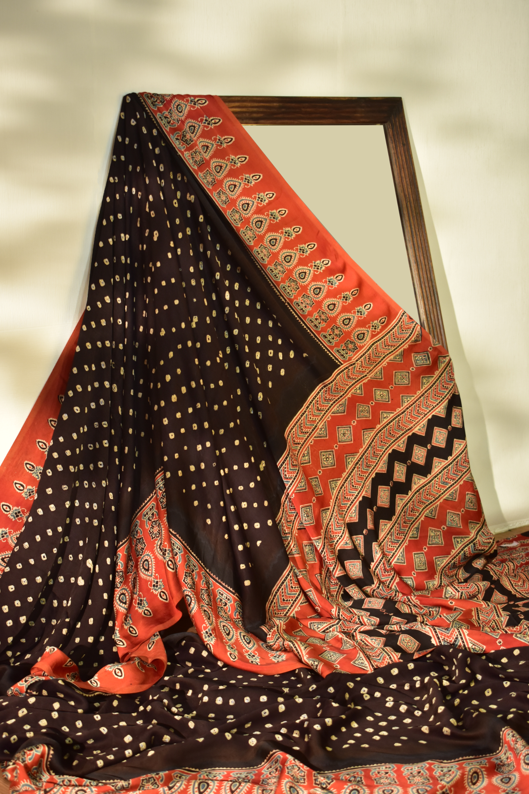 Scarlet Red & Ebony Black Modal Silk Bandhani - Ajrakh Saree with Blouse Piece, SS1005