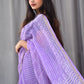 Pure Cotton Kota Doria Block Printed Saree with Zari Border,  Lavender, SR1031