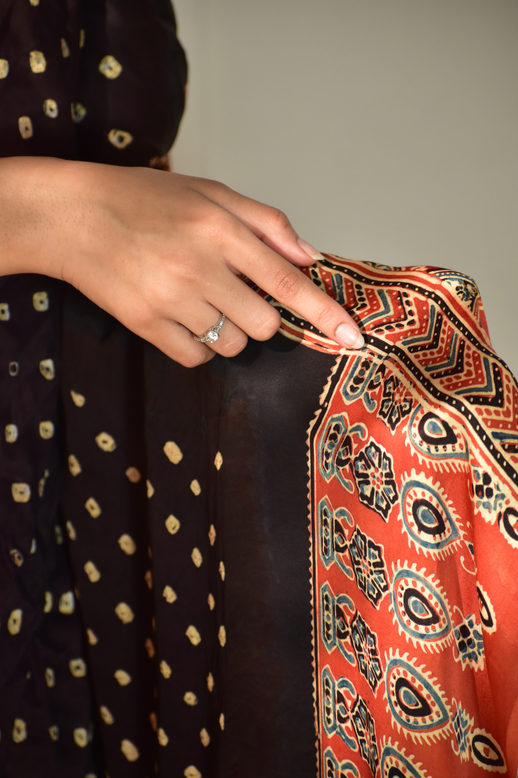 Scarlet Red & Ebony Black Modal Silk Bandhani - Ajrakh Saree with Blouse Piece, SS1005