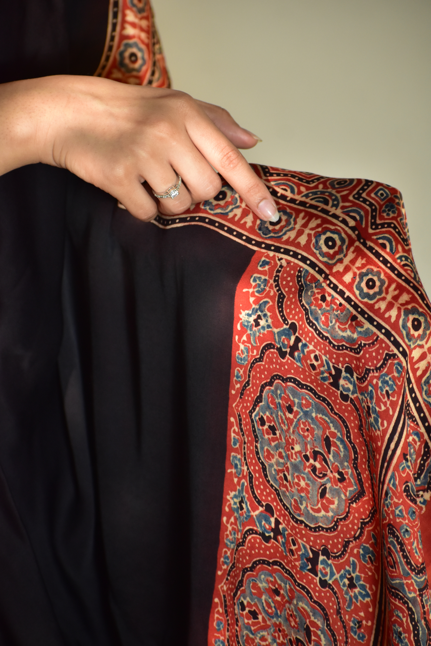 Somber Black & Ruby Red Modal Silk Saree with Plain body, Ajrakh border Pallu & Blouse Piece, SS1020