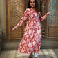 Jaipur Printed Cotton Frilled V neck  Pleated Kurta, White - Red, KP1046