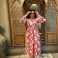 Jaipur Printed Cotton Frilled V neck  Pleated Kurta, White - Red, KP1046