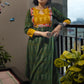 Ikat Cotton A line Kurta with Diamond neck & Mirror Work Lace Details, Bottle Green,  KI1019
