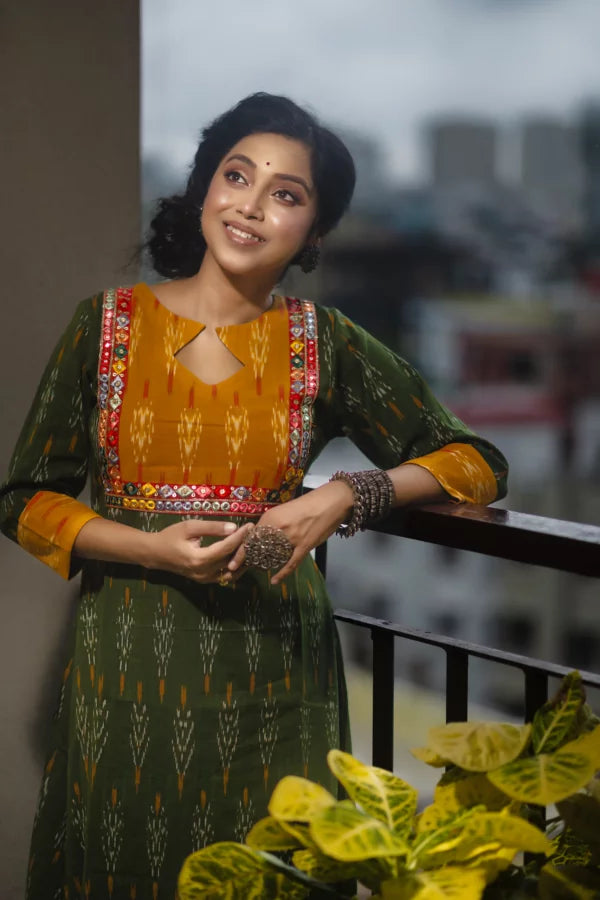 Ikat Cotton A line Kurta with Diamond neck & Mirror Work Lace Details, Bottle Green,  KI1019
