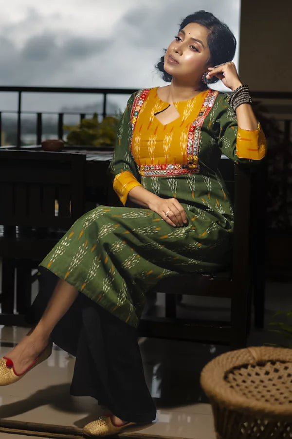 Ikat Cotton A line Kurta with Diamond neck & Mirror Work Lace Details, Bottle Green,  KI1019