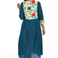 Handloom Cotton Round neck Pleated Kurta with Embroidery Patches, Bottle Green , KW1035