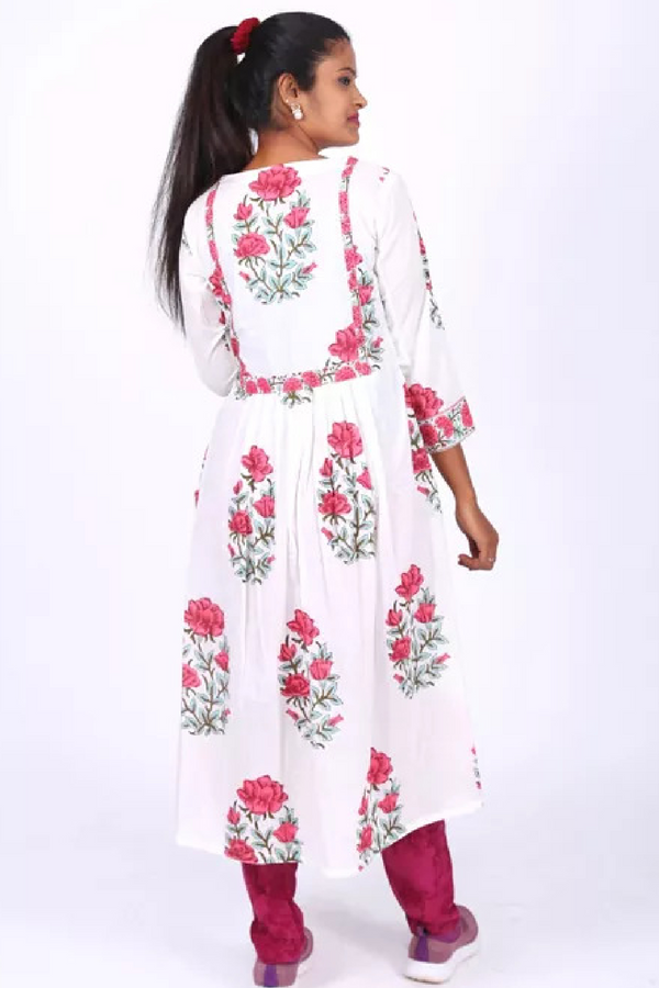 Jaipur Printed Boatneck Pleated Kurta, White, KP1044
