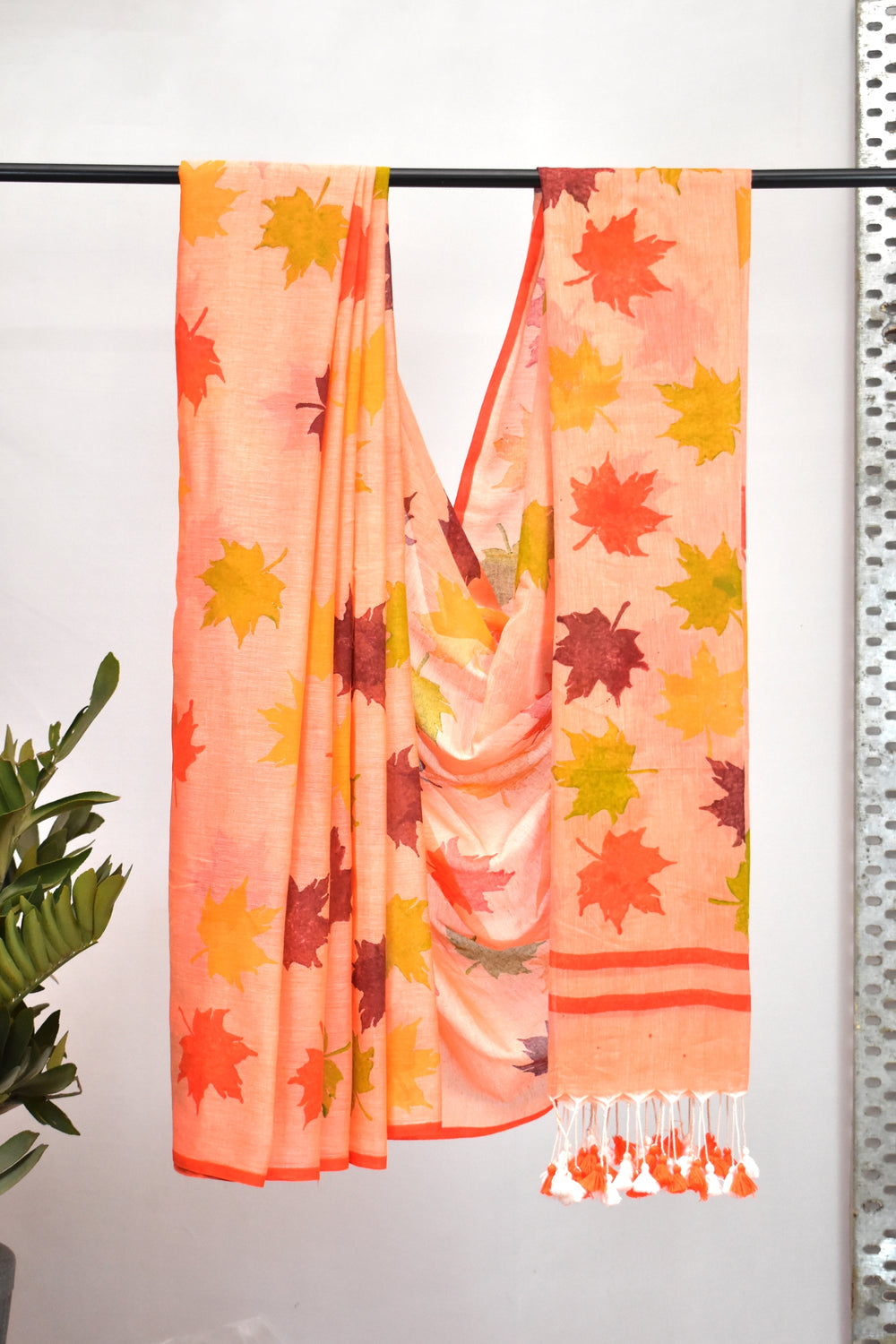 Handloom Soft Cotton Saree with Block Prints & Tassles, Peach, SR1002