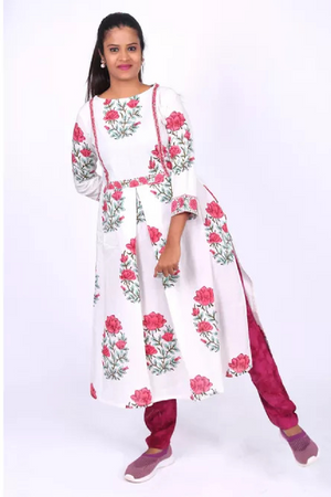 Jaipur Printed Boatneck Pleated Kurta, White, KP1044