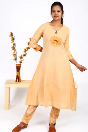 Hand Embroidered Handloom Cotton Scallopneck Anarkali Panelled Kurta , Beige, KW1032
