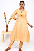 Hand Embroidered Handloom Cotton Scallopneck Anarkali Panelled Kurta , Beige, KW1032