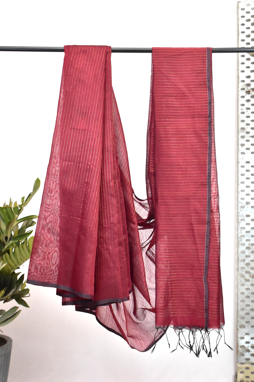 Blended Cotton Saree with Woven Zari Stripes & Tassles,  Maroon, SR1003