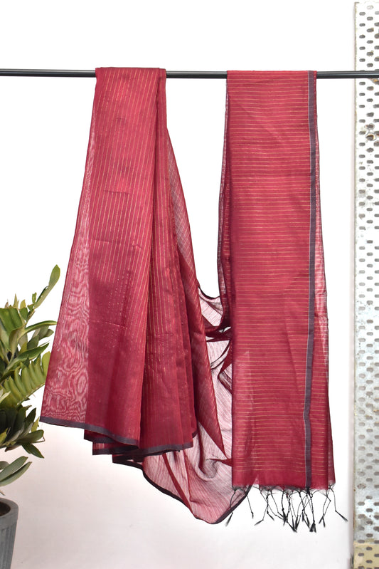 Blended Cotton Saree with Woven Zari Stripes & Tassles,  Maroon, SR1003