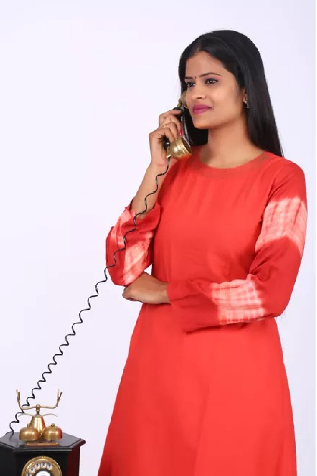 Shibori Printed Cotton Roundneck A line Kurti with Bead Embroidery,  Rust, KW2014