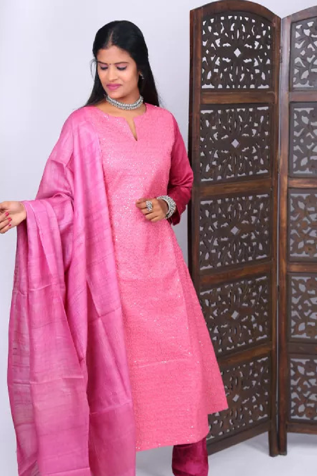 Raw Silk Sequence Embroidered A line Kurti with Lining, Pink, KS2004