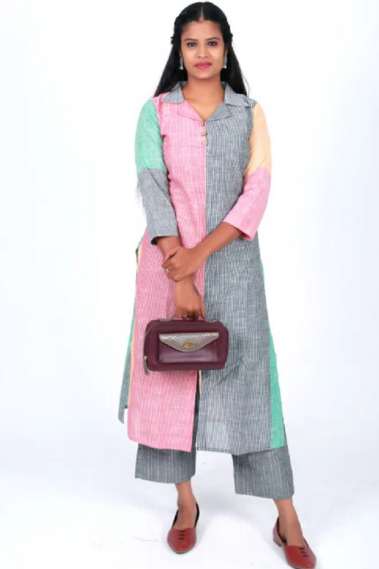 Sriped Shirtcollar Cotton Straight cut Kurta with Wooden Button Details, Multicolor, KH1039