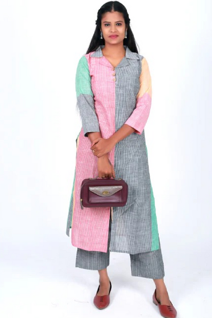 Sriped Shirtcollar Cotton Straight cut Kurta with Wooden Button Details, Multicolor, KH1039