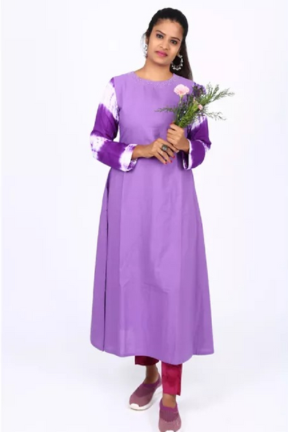 Shibori Printed Cotton Roundneck A line Kurti with Bead Embroidery,  Lavender, KW2015