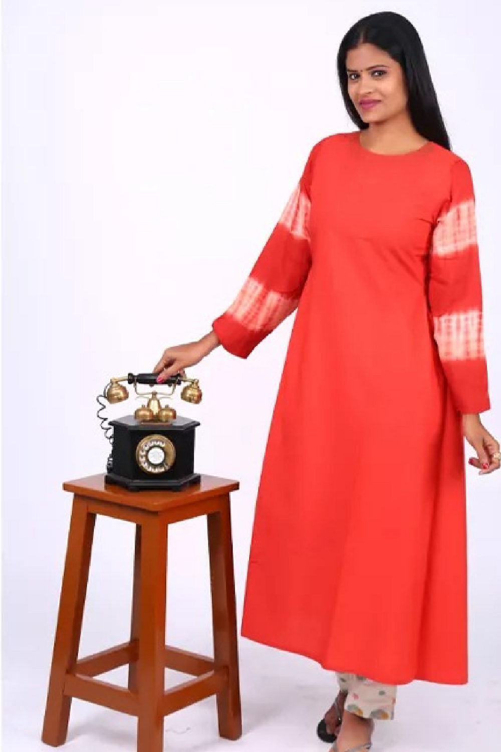 Shibori Printed Cotton Roundneck A line Kurti with Bead Embroidery,  Rust, KW2014