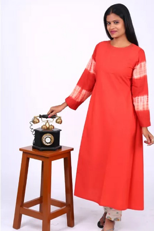 Shibori Printed Cotton Roundneck A line Kurti with Bead Embroidery,  Rust, KW2014