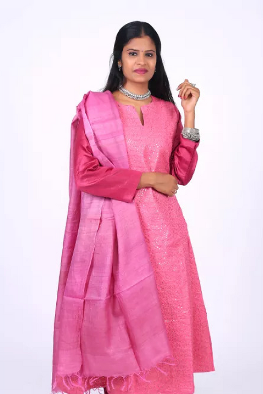 Raw Silk Sequence Embroidered A line Kurti with Lining, Pink, KS2004