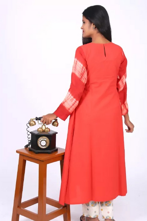 Shibori Printed Cotton Roundneck A line Kurti with Bead Embroidery,  Rust, KW2014