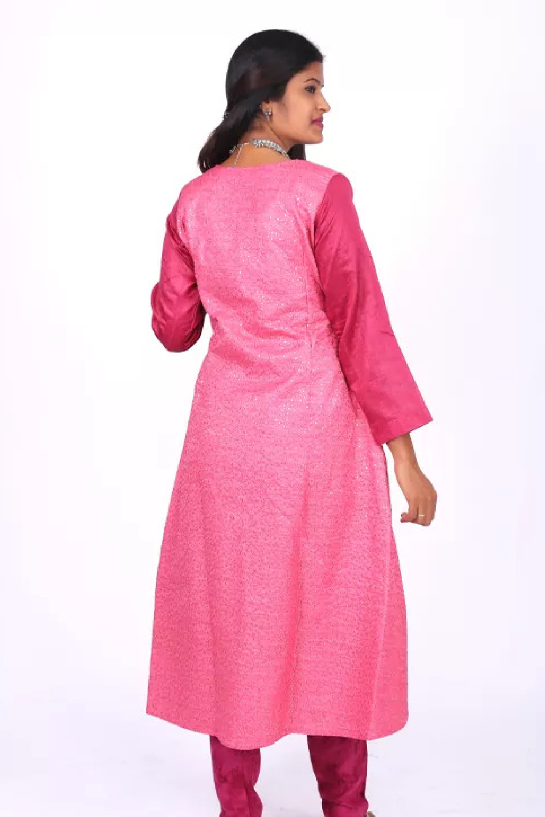 Raw Silk Sequence Embroidered A line Kurti with Lining, Pink, KS2004