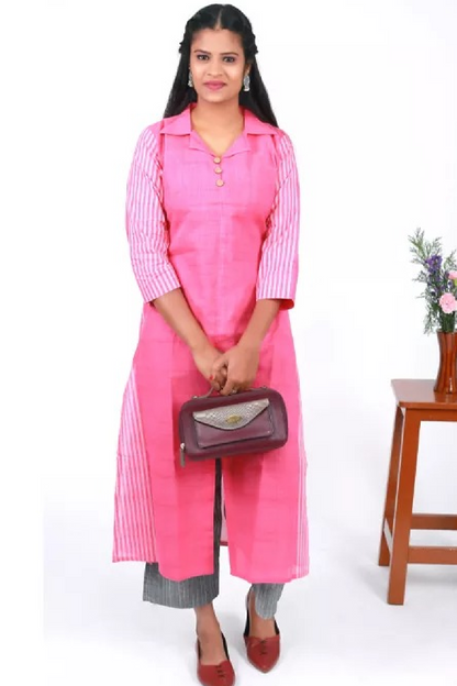 Sriped Shirtcollar Cotton Straight cut Kurta with Wooden Button Details, Pink, KH1040
