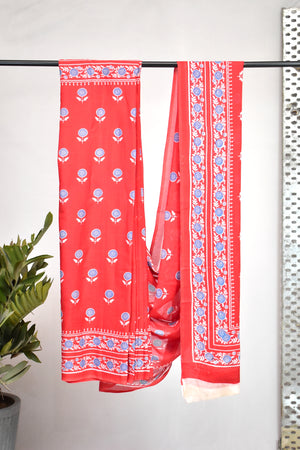 Block Printed Mul Cotton Saree,  Red,  SR1043