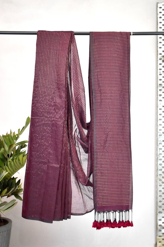 Handloom Mulmul Cotton Saree with Woven Zari Stripes & Tassles, Coffee Brown, SR1017