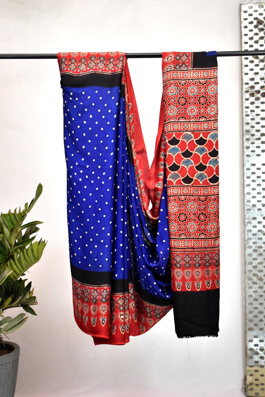 Modal Silk Bandhani-Ajrakh Saree with Blouse Piece,Blue-Red,SS1001