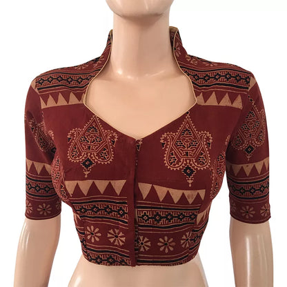 Ajrakh Cotton Highneck Blouse, Maroon, BA1082