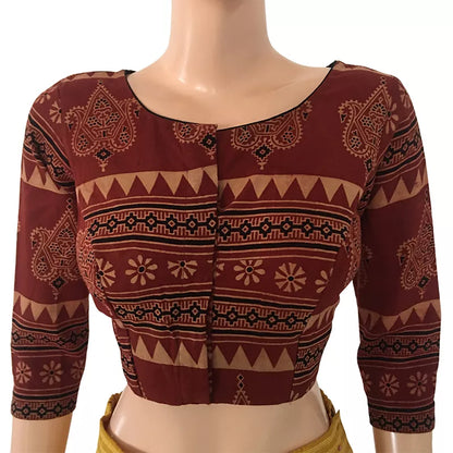 Ajrakh Cotton Boatneck Blouse, Maroon, BA1092