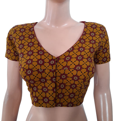 Ajrakh Cotton V neck Blouse with Short Sleeves,  Mustard Yellow ,  BA1122