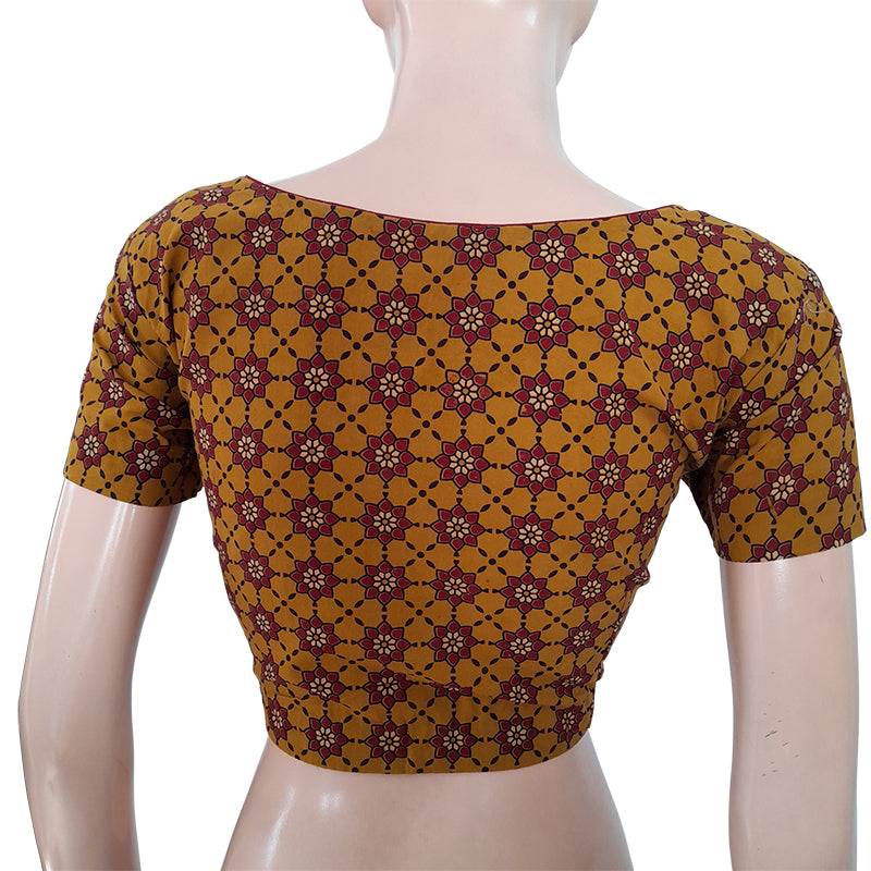 Ajrakh Cotton V neck Blouse with Short Sleeves,  Mustard Yellow ,  BA1122