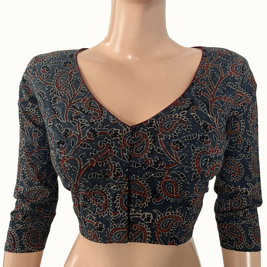 Ajrakh  Cotton  V neck Blouse,  Indigo blue ,  BA1127