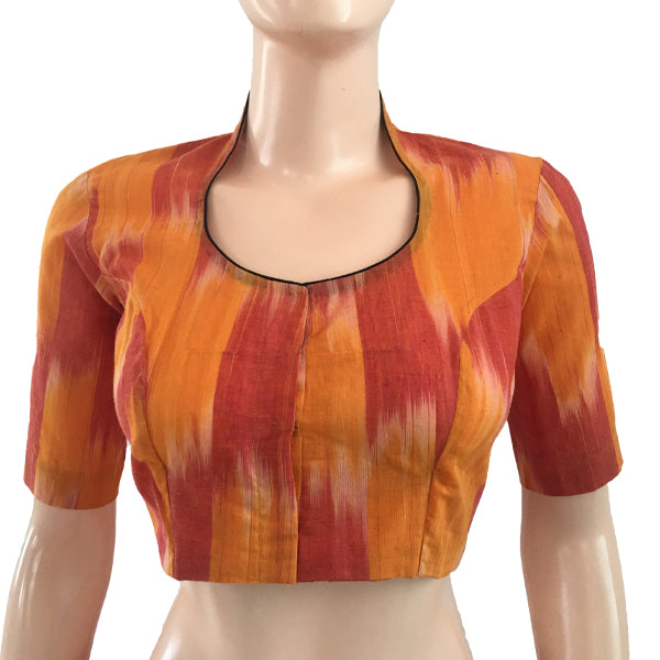Handloom Tie - dye Cotton  Highneck Blouse,  Yellow - Rust, BH1085