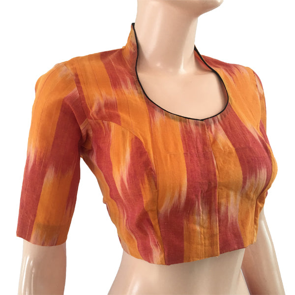 Handloom Tie - dye Cotton  Highneck Blouse,  Yellow - Rust, BH1085