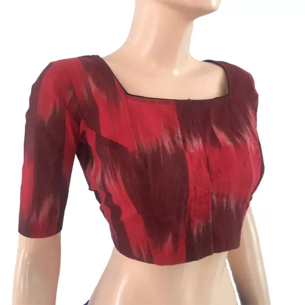 Mangalgiri Tie Dye Cotton Square Neck Blouse, Red – Black, BH1106
