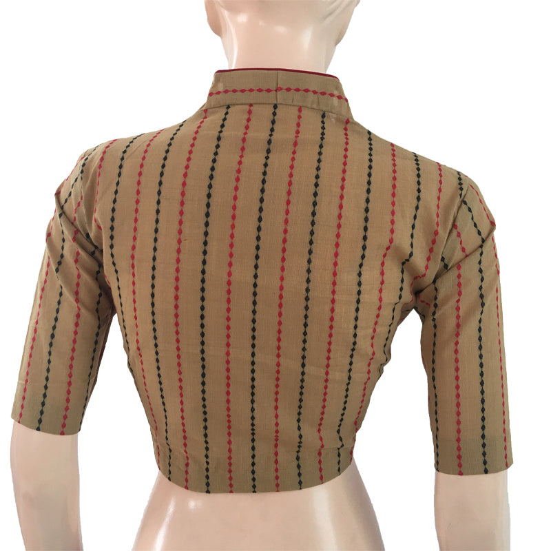 Woven  Handloom Cotton Striped  Highneck Blouse,  Beige,  BH1137